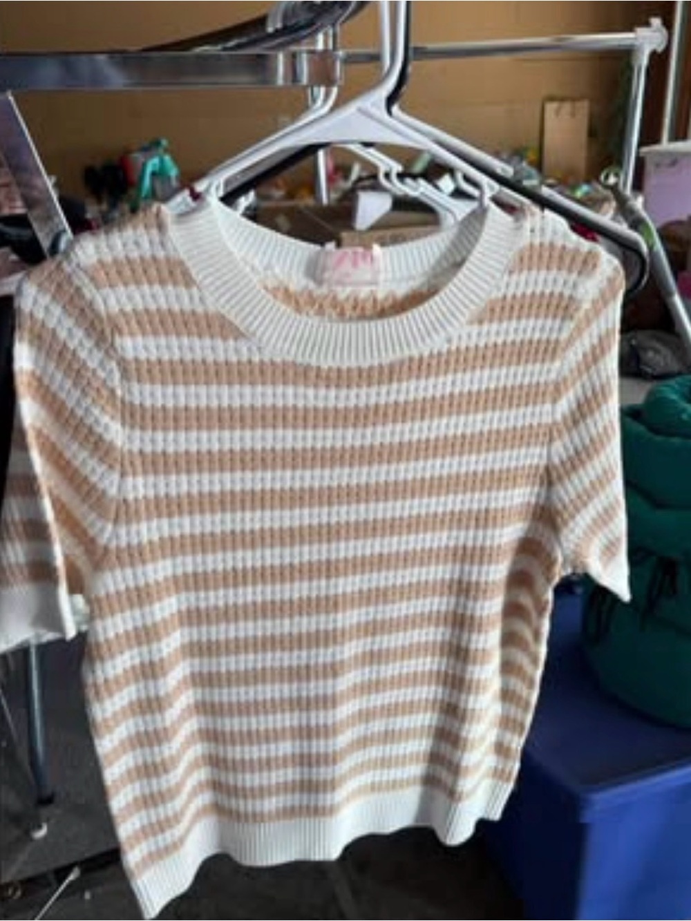 Striped Short-Sleeve Sweater - Cream and Tan